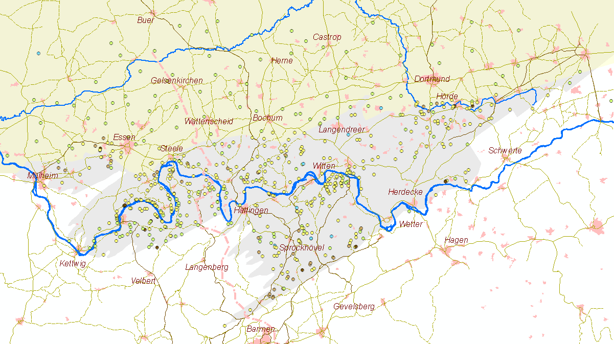 Karte der chronologischen Zechenentwicklung im Ruhrgebiet