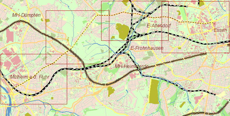 Gegenwartskarte Aktienstraße von Essen nach Mülheim