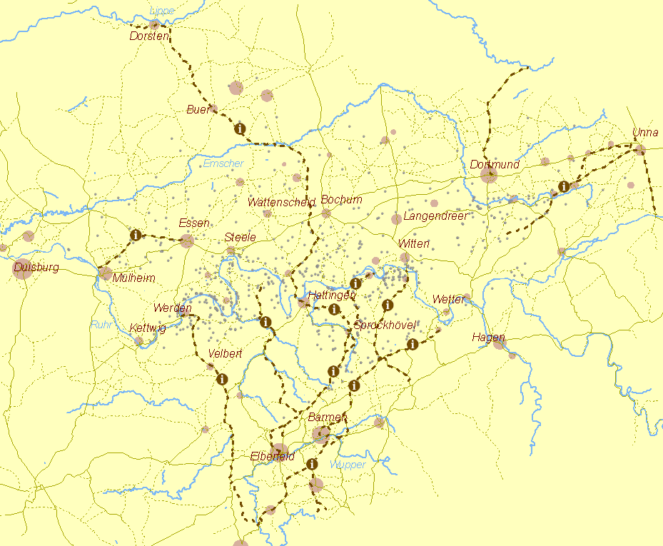 Übersichtskarte zum Verlauf von Kohlenstraßen im Ruhrgebiet